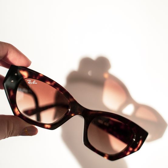 Eine Hand hält eine Ray-Ban-Sonnenbrille mit schildpattfarbenem Rahmen und braunen Gläsern vor einem weißen Hintergrund.