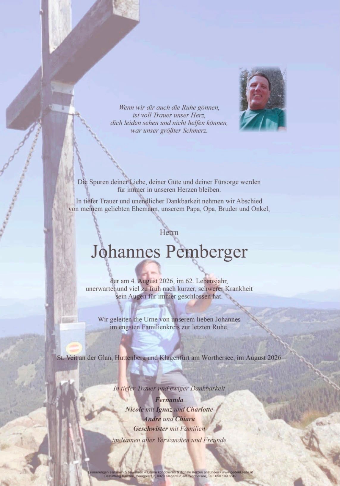 Ein Gedenkposter für Johannes Pemberger mit einem Foto von ihm, einem Zitat und Details über sein Leben und seinen Tod.