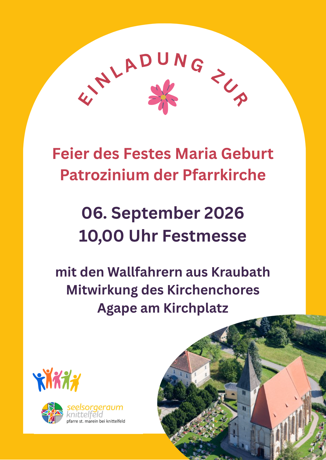 Plakat für das Fest Mariä Geburt, 6. September 2026, um 10:00 Uhr, mit einer Kirche, einer rosa Blume und einer malerischen Aussicht.