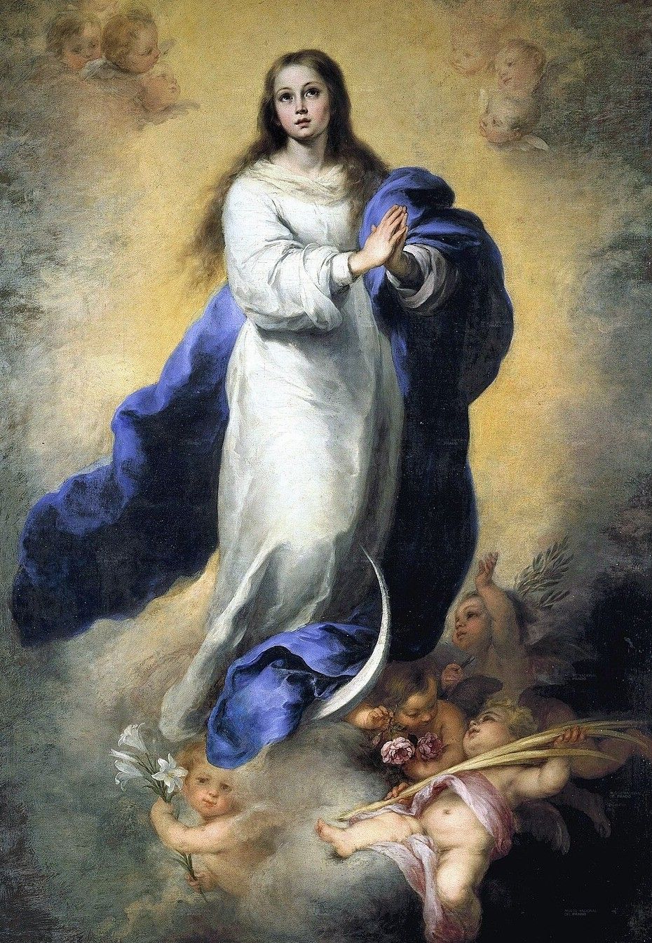 Ein Ölgemälde der Jungfrau Maria, die mit gefalteten Händen im Gebet in der Luft schwebt, umgeben von Cherubinen.