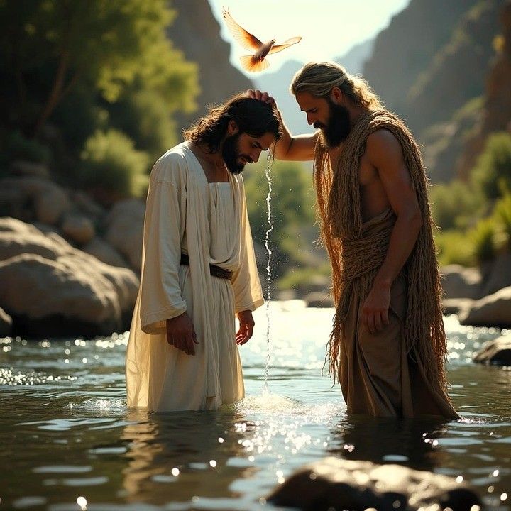 Zwei Männer stehen in einem Fluss, einer gießt dem anderen Wasser auf den Kopf. Sie stehen in der Mitte eines Flusses mit Felsen an der Seite.