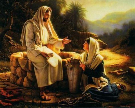 A painting of Jesus sitting on a stone wall and speaking to a woman kneeling in front of him, with a large clay pot nearby.
