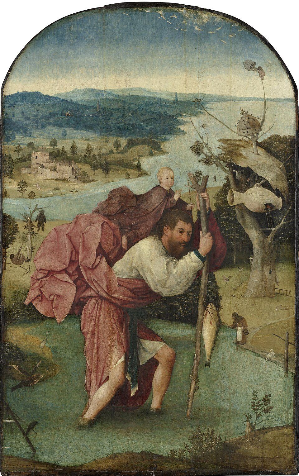 Ein Gemälde zeigt einen bärtigen Mann, der ein Kind auf dem Rücken trägt und einen Angelrute hält, vor einer friedlichen Landschaft mit Fluss, Bäumen und Gebäuden in der Ferne.