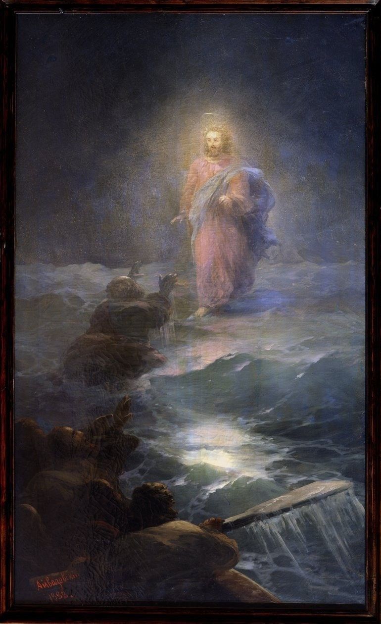 Ein Gemälde zeigt Jesus, der auf dem Wasser zu einem Boot geht, an dem verängstigte Jünger nach ihm greifen.