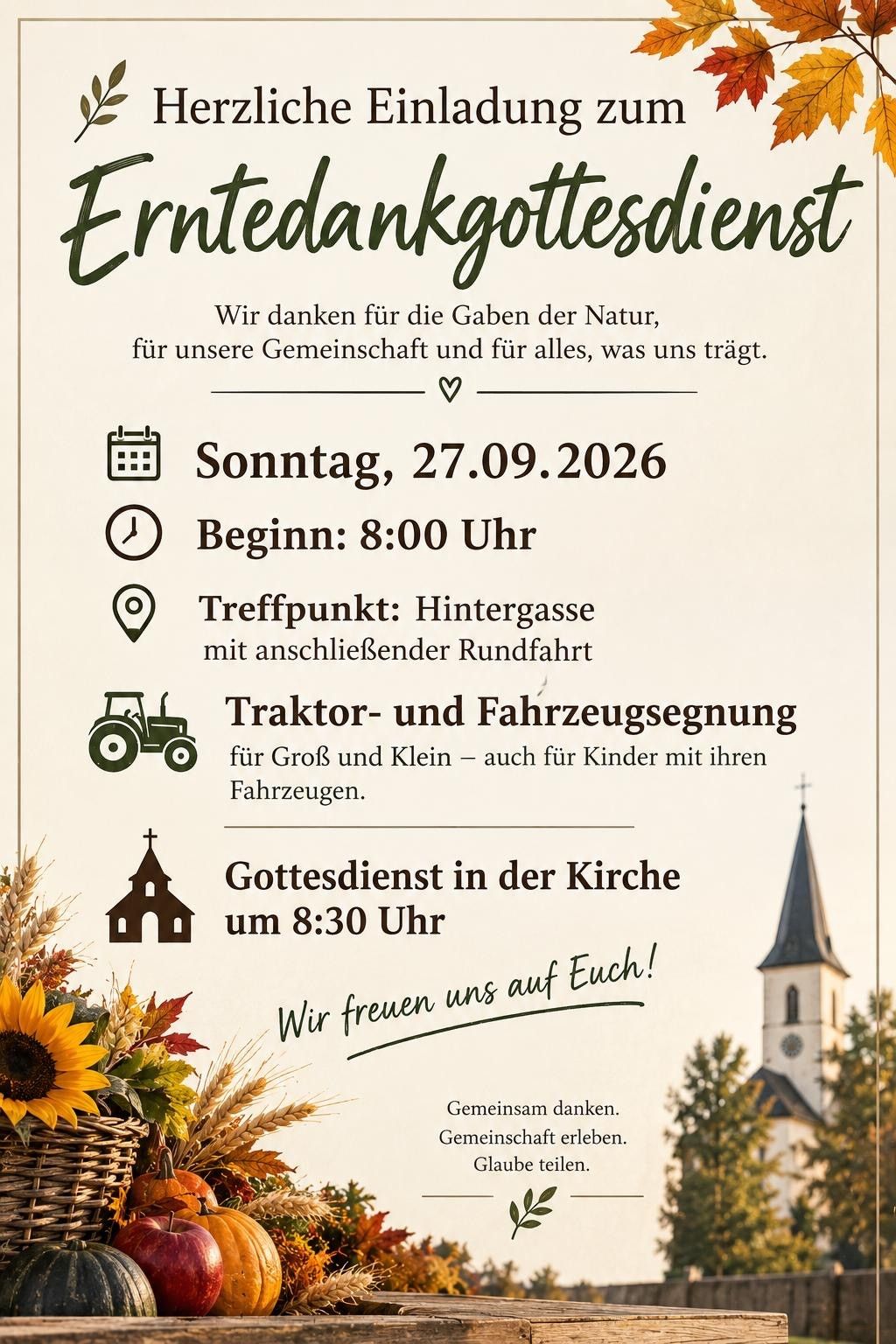 Plakat für eine Gemeinschaftsveranstaltung am 27.09.2026 mit Kirche, Traktor und Versammlung. Die Veranstaltung umfasst einen Gottesdienst, eine Traktor- und Fahrzeugsegnung und eine Versammlung in der Hintergasse mit anschließender Rundfahrt.