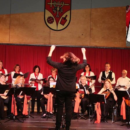 Eine Band tritt auf der Bühne mit einem roten Vorhang im Hintergrund auf. Der Dirigent erhebt seine Hände, um die Musiker zu dirigieren. Die Bandmitglieder spielen verschiedene Instrumente wie Gitarren, Celli und Flöten.