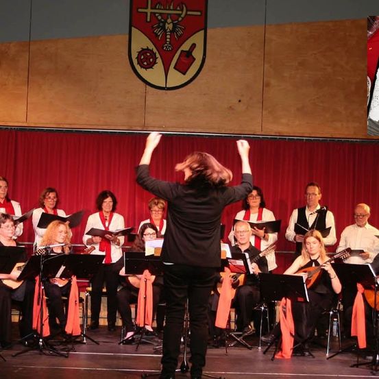 Eine Band tritt auf der Bühne mit einem roten Vorhang im Hintergrund auf. Der Dirigent erhebt seine Hände, um die Musiker zu dirigieren. Die Bandmitglieder spielen verschiedene Instrumente wie Gitarren, Celli und Flöten.
