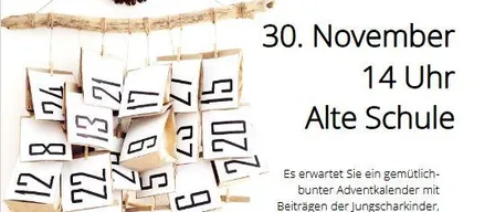 Ein Einladungsposter für die Evangelische Pfarrgemeinde Weppersdorf. Es zeigt einen Adventskalender mit Daten bis zum 24. Dezember. Die Veranstaltung 'Adventfeier' findet am 30. November um 14 Uhr in der alten Schule statt. Es verspricht einen gemütlichen Adventskalender mit Beiträgen der Kinder, Liedern und natürlich Kaffee und Kuchen. Der Eintritt ist frei.