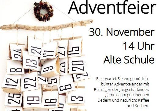 Ein Einladungsposter für die Evangelische Pfarrgemeinde Weppersdorf. Es zeigt einen Adventskalender mit Daten bis zum 24. Dezember. Die Veranstaltung 'Adventfeier' findet am 30. November um 14 Uhr in der alten Schule statt. Es verspricht einen gemütlichen Adventskalender mit Beiträgen der Kinder, Liedern und natürlich Kaffee und Kuchen. Der Eintritt ist frei.