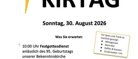 Plakat für das 95. Evangelische Kirchenfest in Weppersdorf, Deutschland, geplant für den 30. August 2026. Die Veranstaltung umfasst einen Gottesdienst, ein Kinderprogramm und Erfrischungen. Das Plakat hebt die Feier des 95. Geburtstags der Kirche hervor.