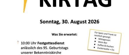 Plakat für das 95. Evangelische Kirchenfest in Weppersdorf, Deutschland, geplant für den 30. August 2026. Die Veranstaltung umfasst einen Gottesdienst, ein Kinderprogramm und Erfrischungen. Das Plakat hebt die Feier des 95. Geburtstags der Kirche hervor.