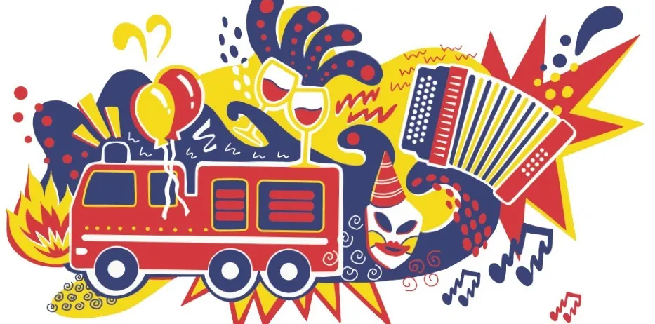 Illustration eines Karnevals mit einem roten Feuerwehrauto, Luftballons, Weingläsern und einem Akkordeon, vor einem hellen und farbenfrohen Hintergrund.