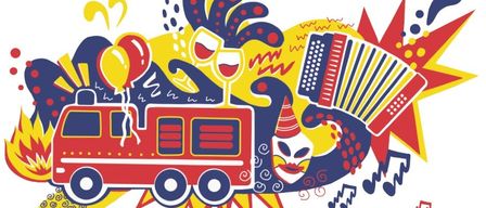 Illustration eines Karnevals mit einem roten Feuerwehrauto, Luftballons, Weingläsern und einem Akkordeon, vor einem hellen und farbenfrohen Hintergrund.