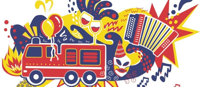 Illustration eines Karnevals mit einem roten Feuerwehrauto, Luftballons, Weingläsern und einem Akkordeon, vor einem hellen und farbenfrohen Hintergrund.