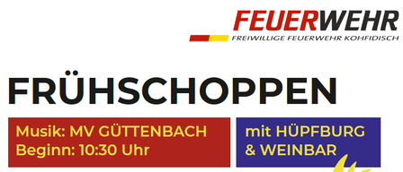 Das Bild zeigt eine Veranstaltungsankündigung für 'Frühschoppen' mit Musik von MV Guttenbach, Beginn um 10:30 Uhr. Die Veranstaltung wird von der Freiwilligen Feuerwehr Kohfid organisiert und es gibt einen Hinweis auf eine Weinbar und einen Hoepfburg.