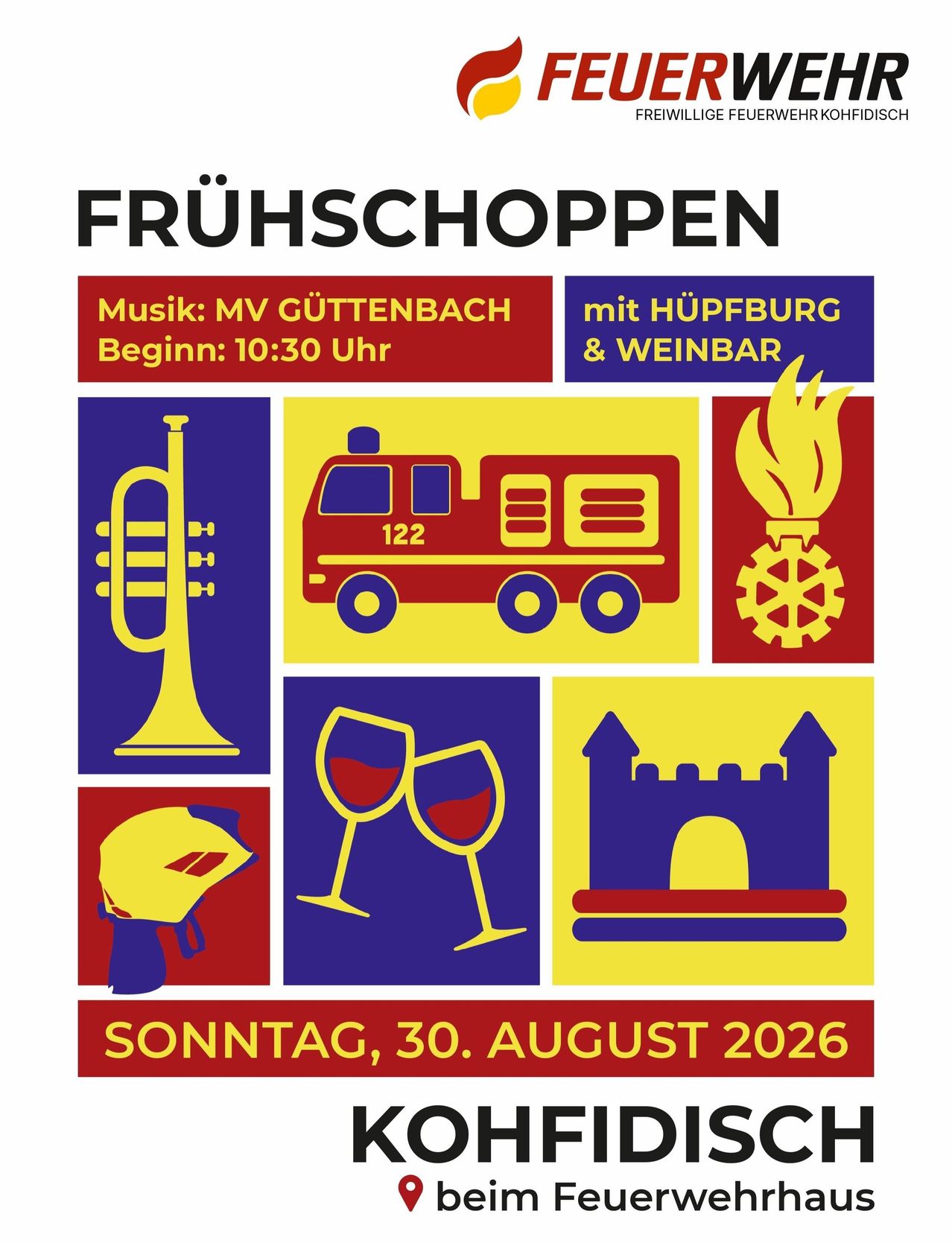 Plakat für das Fruhschoppen-Event am 30. August 2026. Zeigt Trompete, Feuerwehrauto, Weinglas, Schloss und Helm-Ikonen. Musik von MV Guttenbach, Beginn um 10:30 Uhr.