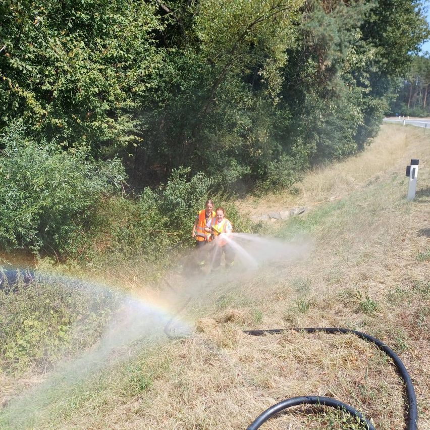 Zwei Personen in Warnwesten sprühen Wasser aus einem Schlauch und erzeugen einen Regenbogeneffekt in einem Grasbereich nahe einer Straße.