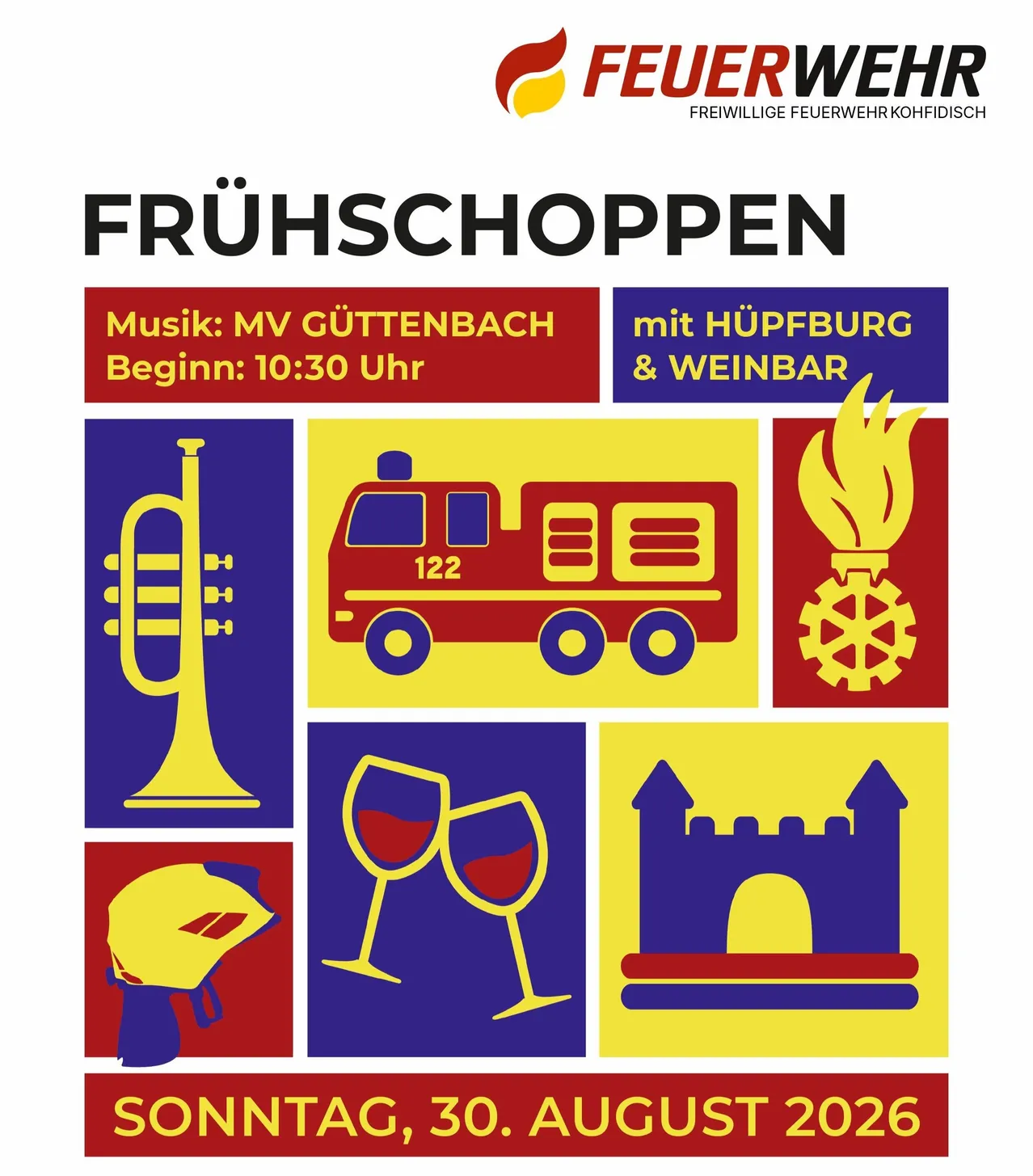 Plakat für Fruhschoppen-Veranstaltung mit Musik von MV Guttenbach, Beginn um 10:30 Uhr, mit Feuerwehrauto, Trompete, Weingläser, Helm und Schloss-Ikonen.