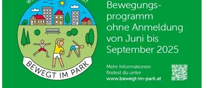 Plakat für Bewegung im Park in Mettersdort mit Logo, bei dem Menschen trainieren und einem QR-Code. Die Veranstaltung findet von Juni bis September 2025 statt, keine Anmeldung erforderlich. Weitere Informationen unter www.bewegt-im-park.at.