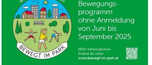 Poster for Bewegung im Park in Mettersdort, featuring a logo with people exercising and a QR code. The event is from June to September 2025, no registration required. More information available at www.bewegt-im-park.at.