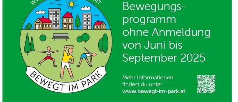 Plakat für Bewegung im Park in Mettersdort mit Logo, bei dem Menschen trainieren und einem QR-Code. Die Veranstaltung findet von Juni bis September 2025 statt, keine Anmeldung erforderlich. Weitere Informationen unter www.bewegt-im-park.at.