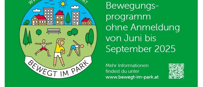 Plakat für Bewegung im Park in Mettersdorf. Bietet Bewegungsaktivitäten ohne Anmeldung von Juni bis September 2025 an. Donnerstags von 19:00-20:00 Uhr, bis zum 4. September 2025. Ort: Mettersdorf a.S. 100, große Liegewiese neben dem Volleyballplatz. Veranstalter: USV Mettersdorf. Übungsleiter: Tanja Walter, Carina Scherr. Besuchen Sie www.bewegt-im-park.at für weitere Informationen.
