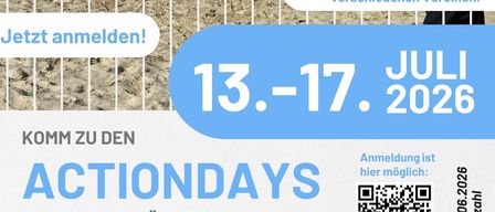 Eine Anzeige für Aktionstage in Mettersdor. Es zeigt Kinder, die verschiedene Sportarten spielen, einschließlich Volleyball und Tennis. Die Termine sind vom 13. bis 17. Juli 2026. Die Anmeldung ist möglich.