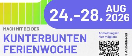 Plakat für die bunte Ferienwoche vom 24. bis 28. August 2026. Organisiert von den Jugendleitern der Kindersportgruppe in Mettersdorff. Anmeldung möglich. Preis: 90,00 Euro. Zeit: 7:30-13:00 Uhr. Rabatt für alle aus Mettersdorff: 30,00 Euro. Für Kinder von 5 bis 10 Jahren.