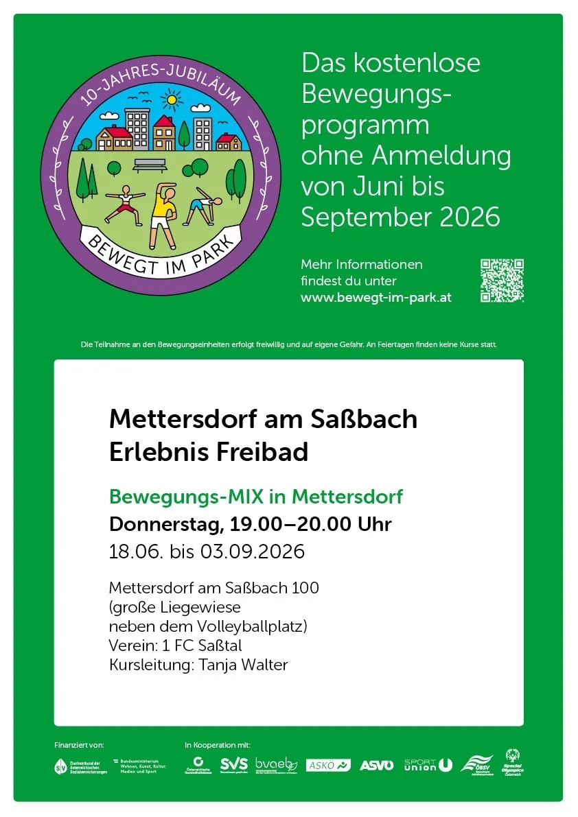 Ein Plakat für Bewegungs-MIX in Mettersdorf, ein kostenloses Bewegungsprogramm von Juni bis September 2026. Es findet jeden Donnerstag von 19:00 bis 20:00 Uhr statt. Weitere Informationen finden Sie unter www.bewegt-im-park.at.