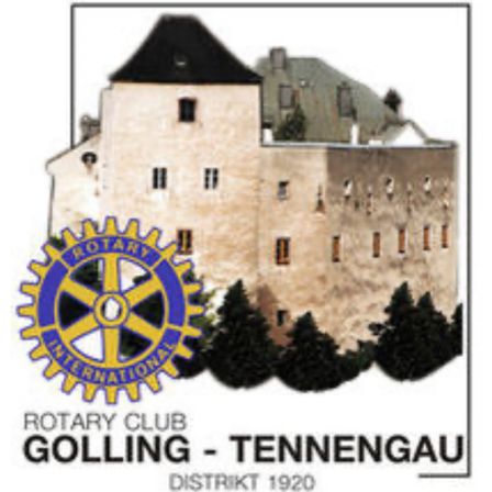 Das Logo des Rotary Clubs Golling-Tennengau zeigt ein schlossartiges Gebäude, davor Bäume und das Emblem von Rotary International.