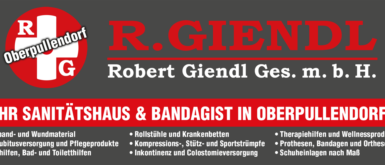 Werbung für R. Giendl. Dienstleistungen umfassen Rollstuhle, Krankenbetten, Kompressions-, Stütz- und Sportstrumpfe, Inkontinenz und Colostomieversorgung.