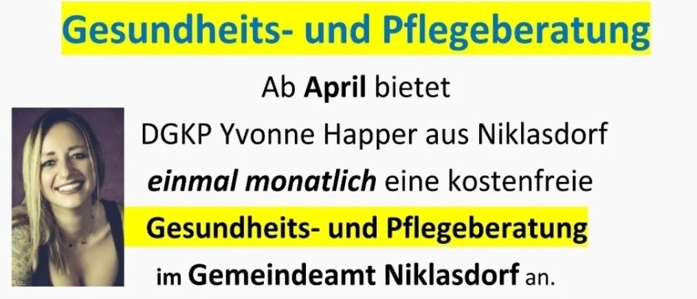 Plakat für Gesundheits- und Pflegeberatung von Yvonne Happer, die kostenlose Beratungen in Niklasdorf anbietet. Leistungen umfassen Unterstützung bei verschiedenen Anträgen, Bereitstellung von Hilfsmitteln und Pflegeplanung. Verfügbar zu festgelegten Terminen.