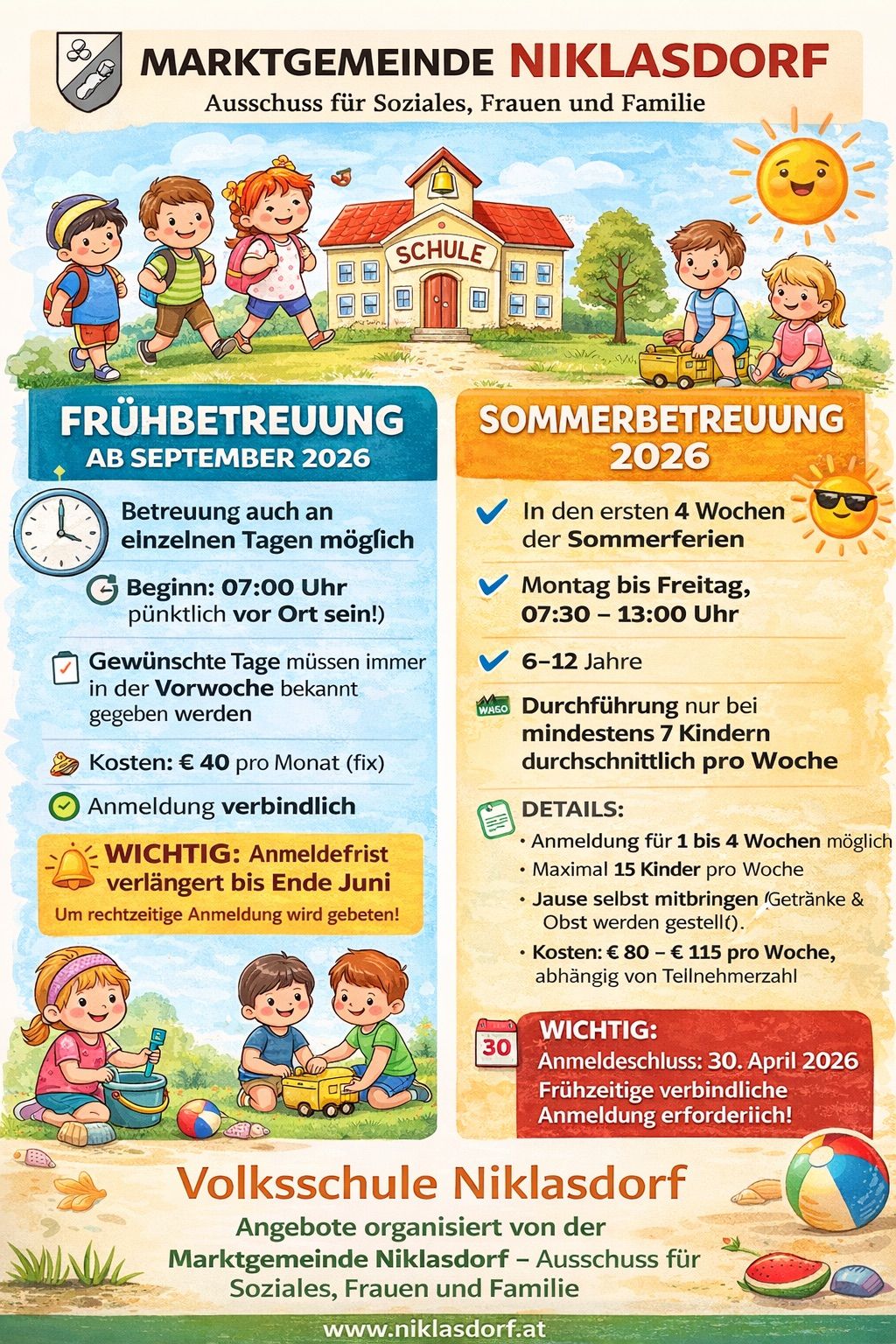 Werbeanzeige für Kinderbetreuungsdienste. Frühbetreuung ab September 2026 mit Kosten von 40 € pro Monat. Sommerbetreuung in den ersten 4 Wochen der Sommerferien, Kosten 80-115 € pro Woche. Anmeldung bis Ende Juni erforderlich.