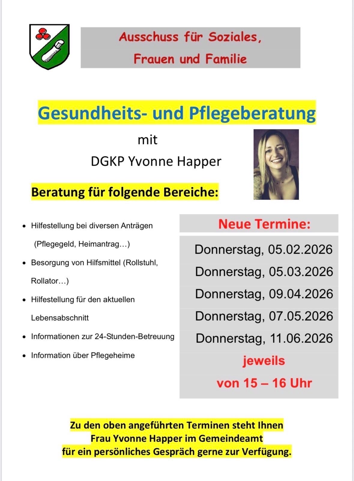 Ein Bild zeigt eine Gesundheits- und Pflegeberatungsankündigung. Es zeigt eine lächelnde Frau, DGKP Yvonne Happer, die Rat zu verschiedenen Themen gibt. Neue Termine für Beratungen sind aufgelistet, beginnend ab dem 5. Februar 2026, mit Diensten von 15 bis 16 Uhr verfügbar.