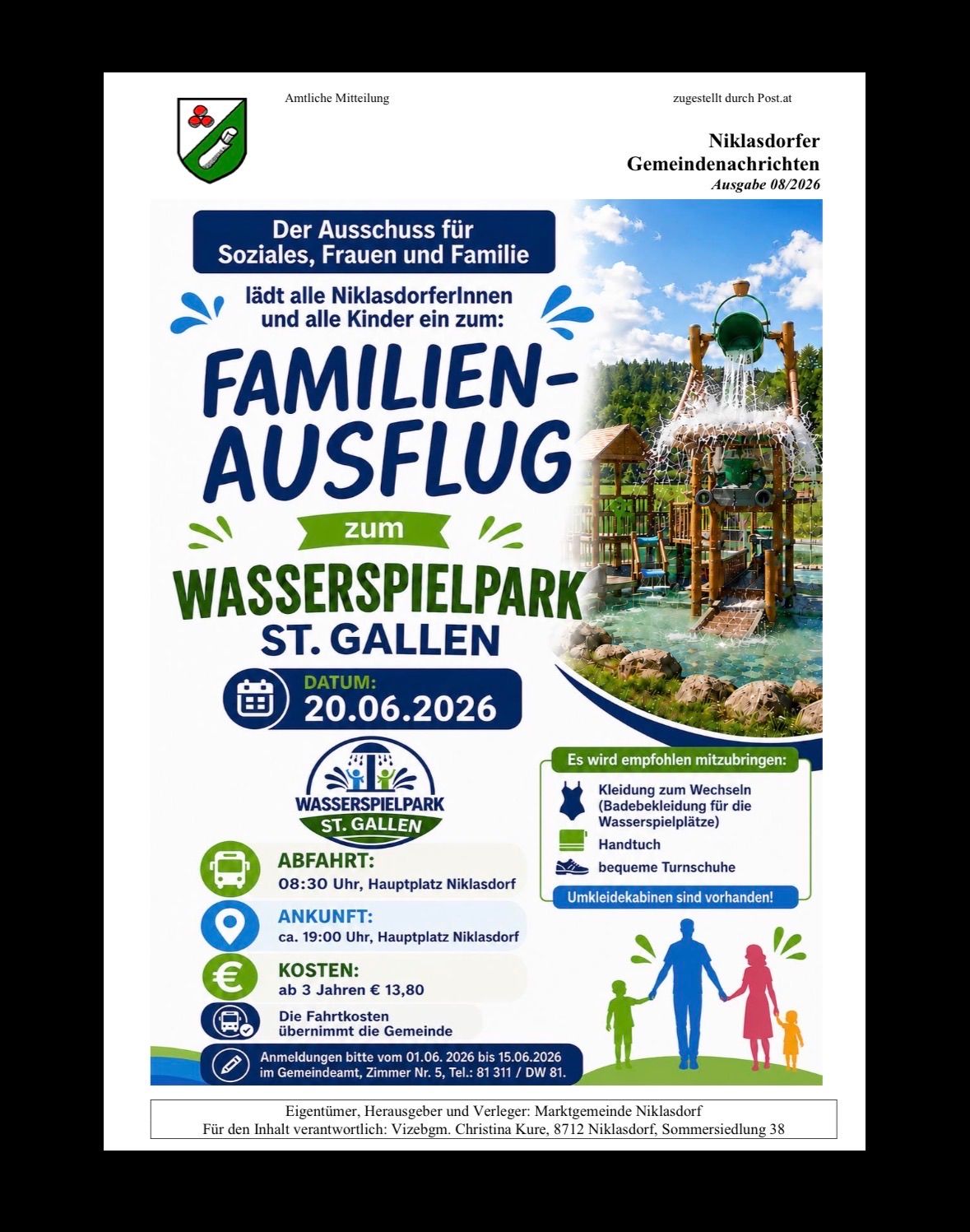 Poster lädt Niklasdorfer Einwohner und Kinder zu einem Familienausflug im Wasserpark St. Gallen am 20.06.2026 ein. Abfahrt um 8:30 Uhr, Ankunft um 19:00 Uhr. Kosten: 13,80€ für Kinder über 3 Jahre. Anmeldung erforderlich.