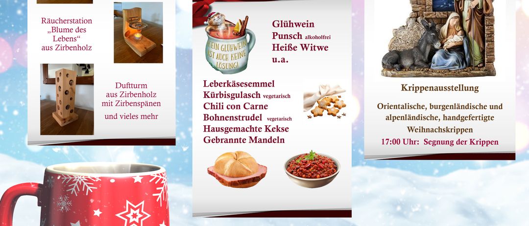 Ein Flyer bewirbt einen Weihnachtsmarkt mit verschiedenen handgefertigten Artikeln und Speisen, einschließlich eines Duftdiffusors und Chili con Carne. Es zeigt einen sterngemusterten Becher und eine Krippe.
