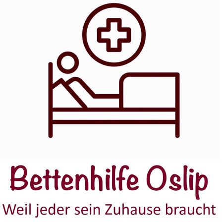 Logo für Bettenhilfe OslIp, zeigt ein Bett, eine Person im Bett und ein rotes Kreuzsymbol über dem Bett. Es steht 'Jeder braucht es zu Hause.'