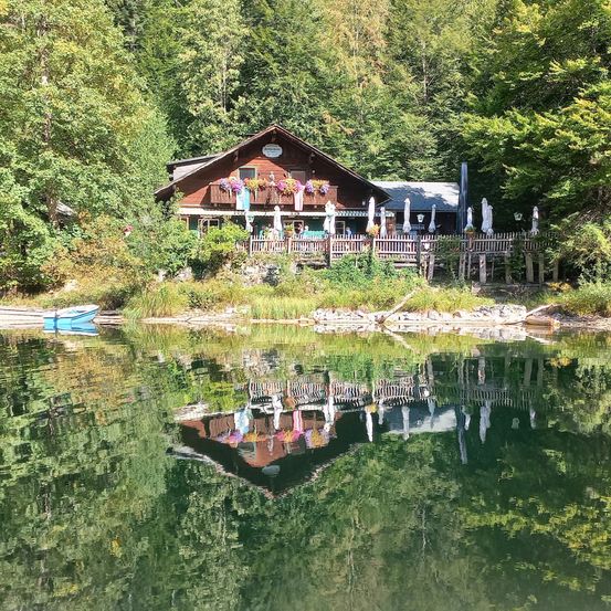 Ein charmantes Chalet am See mit farbenfrohen Blumen auf dem Balkon, umgeben von üppigem Grün und einem kleinen Boot im Wasser.