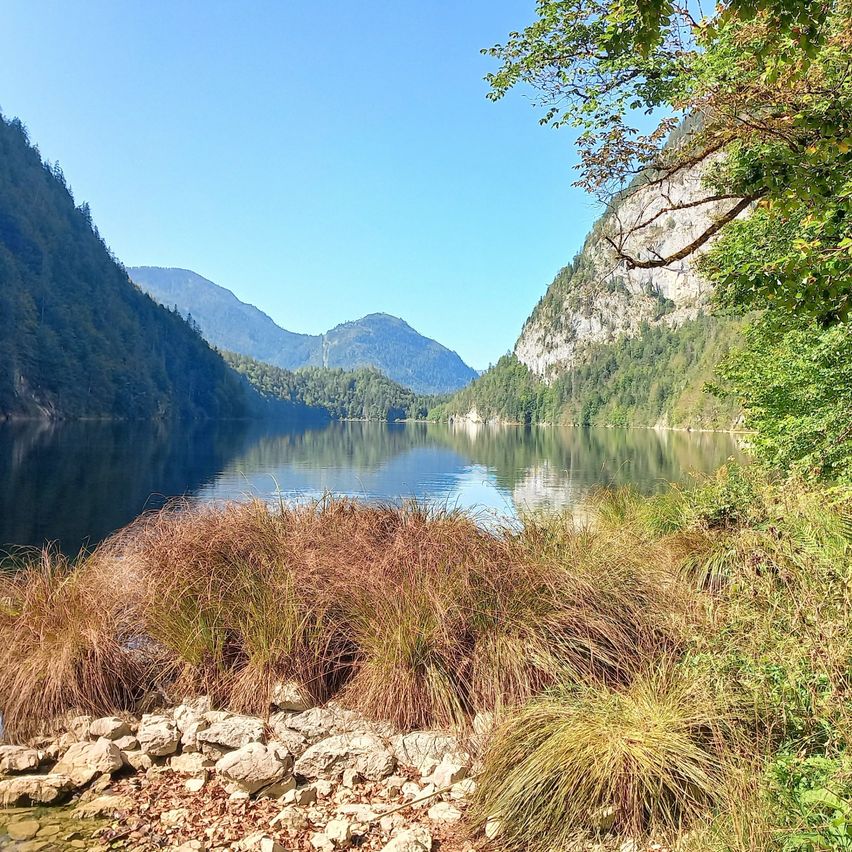 Ein ruhiger See umgeben von üppigen grünen Bergen und Felsen unter einem klaren blauen Himmel.