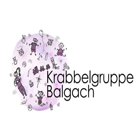 Das Logo für Krabbelgruppe Balgach, das verschiedene Illustrationen von Kindern und Spielzeug auf einem lila Hintergrund zeigt.