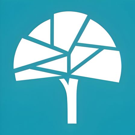 Ein weißes Baumlogo mit blauem Hintergrund, das Wachstum und Stabilität symbolisiert, besteht aus geometrischen Formen.