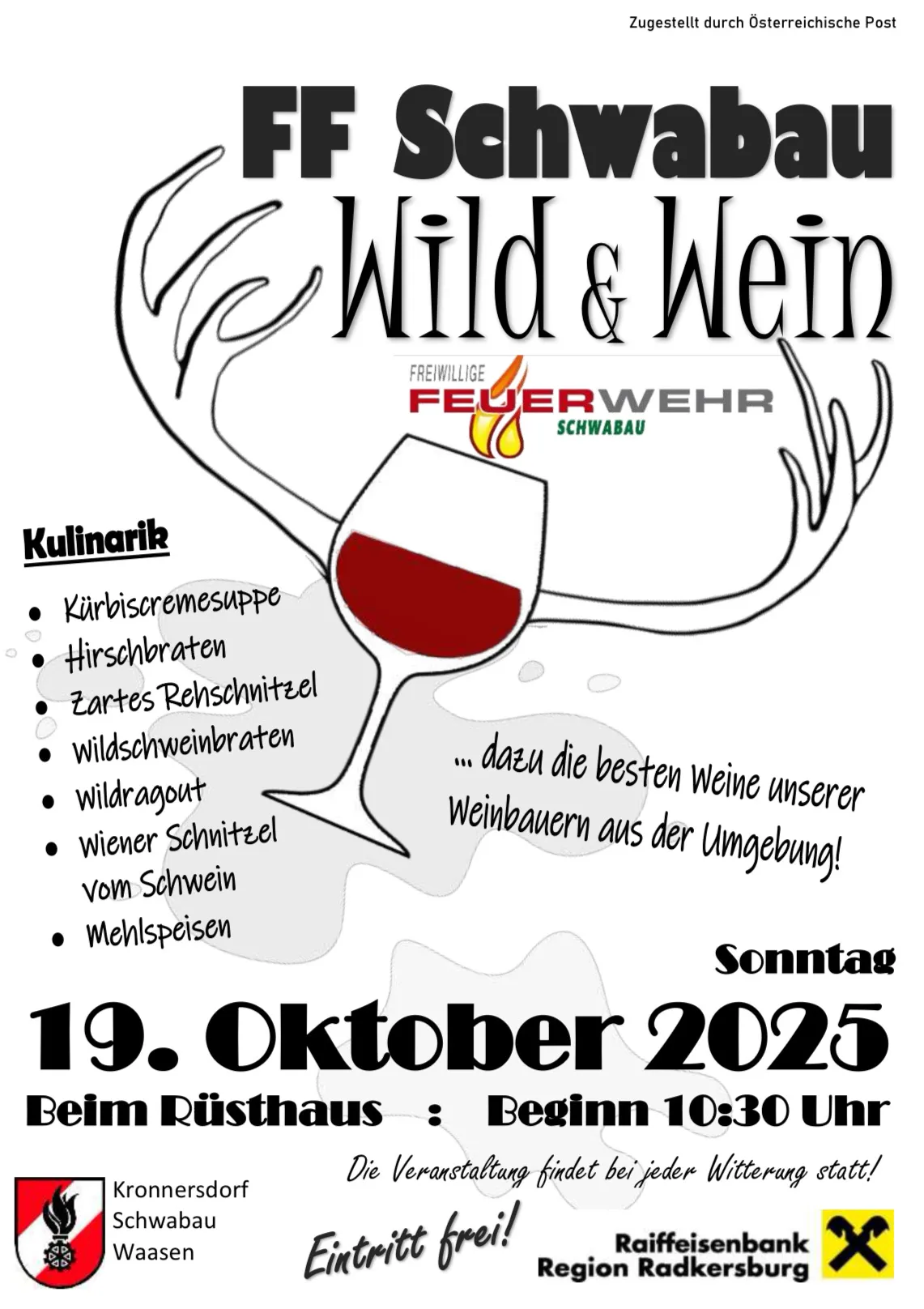 Ein Poster für eine kostenlose Veranstaltung bei der Feuerwehr mit Wild und Wein. Das Poster listet verschiedene Speisen auf, einschließlich Wildgerichten, und gibt an, dass die Veranstaltung am 19. Oktober 2025 um 10:30 Uhr beginnt.