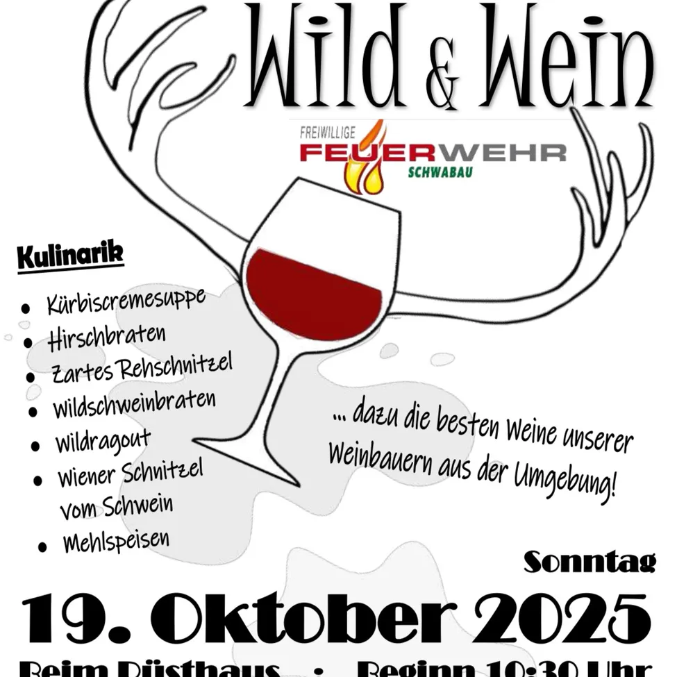 Ein Poster für eine kostenlose Veranstaltung bei der Feuerwehr mit Wild und Wein. Das Poster listet verschiedene Speisen auf, einschließlich Wildgerichten, und gibt an, dass die Veranstaltung am 19. Oktober 2025 um 10:30 Uhr beginnt.