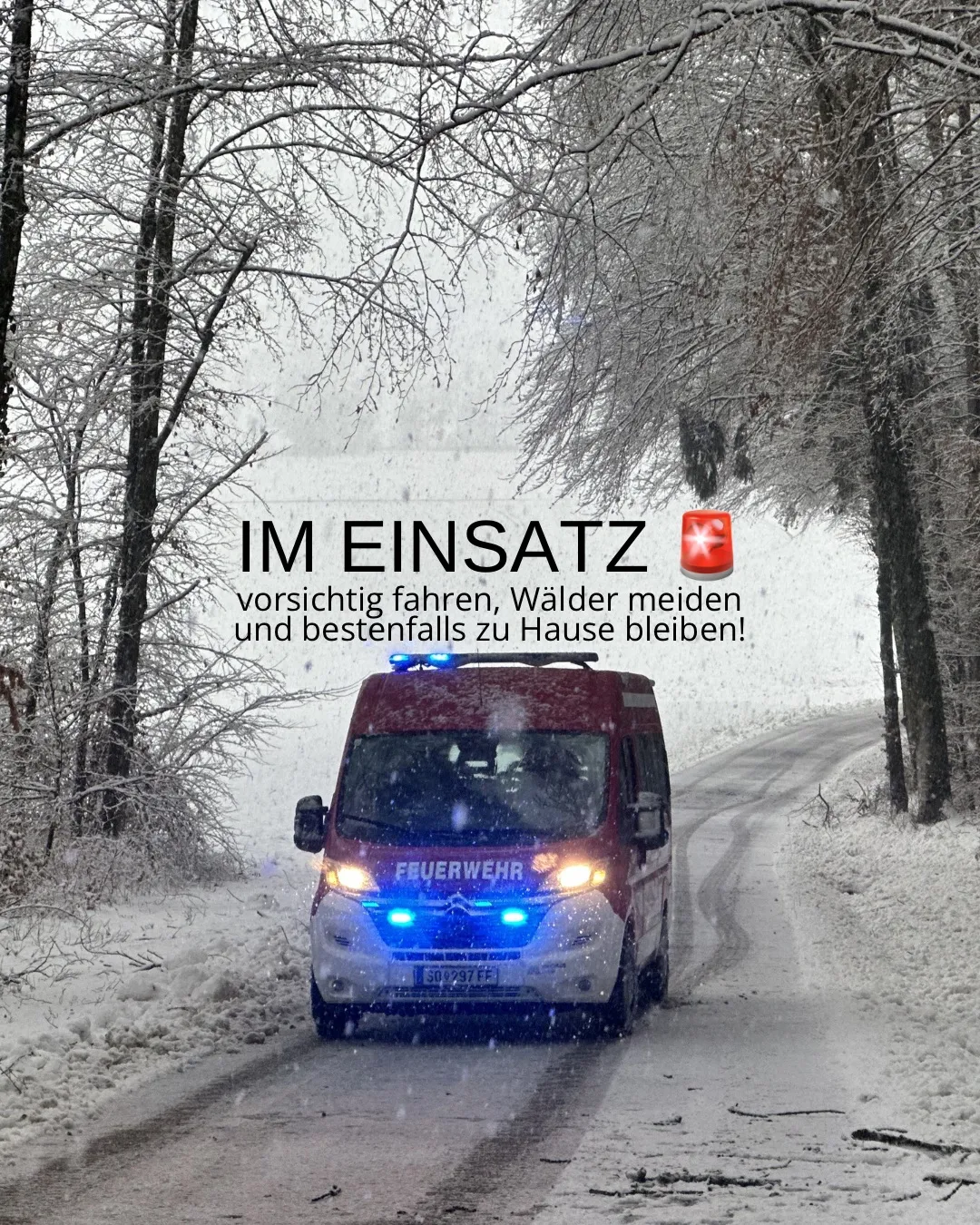 Ein Feuerwehrwagen fährt auf einer verschneiten Straße. Die Straße ist von schneebedeckten Bäumen umgeben. Der Wagen hat Notleuchten eingeschaltet. Der Text auf dem Wagen lautet 'Feuerwehr'. Der Himmel ist weiß.