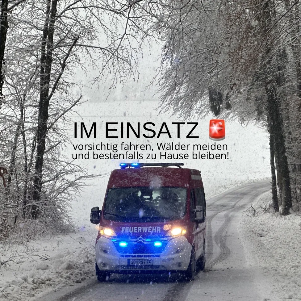 Ein Feuerwehrwagen fährt auf einer verschneiten Straße. Die Straße ist von schneebedeckten Bäumen umgeben. Der Wagen hat Notleuchten eingeschaltet. Der Text auf dem Wagen lautet 'Feuerwehr'. Der Himmel ist weiß.