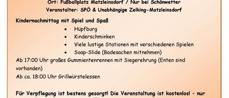 Ein Flyer für eine Veranstaltung am 1. August 2026 um 14:30 Uhr mit Aktivitäten wie Hügelklettern, Kinderspielen und einer Seifenrutsche. Die Veranstaltung ist kostenlos, aber eine Anmeldung bis zum 26. Juli ist erforderlich.
