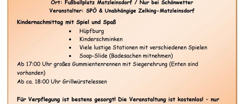 Ein Flyer für eine Veranstaltung am 1. August 2026 um 14:30 Uhr mit Aktivitäten wie Hügelklettern, Kinderspielen und einer Seifenrutsche. Die Veranstaltung ist kostenlos, aber eine Anmeldung bis zum 26. Juli ist erforderlich.