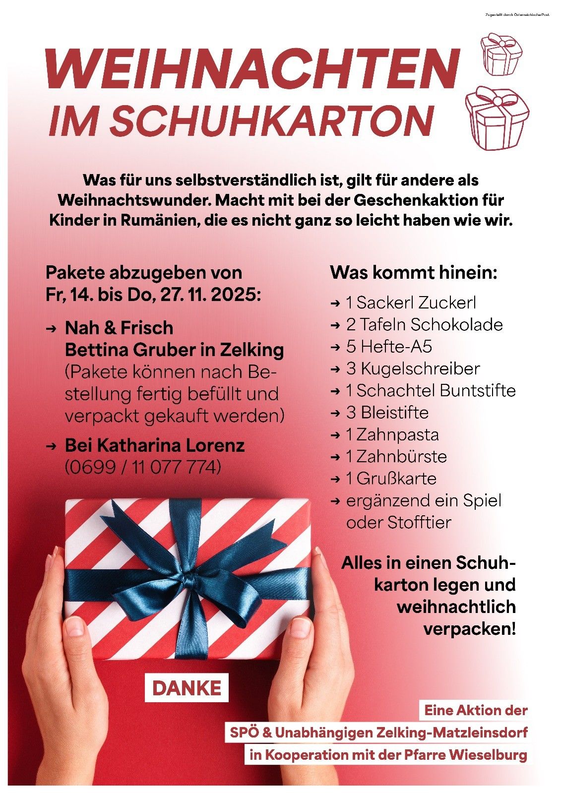 Postcard for Christmas gifts for children in Romania. Collect packages from Nah & Frisch in Zelking. Delivery from November 14 to 27, 2025. Contact Katharina Lorenz at 06699/11 077 774.