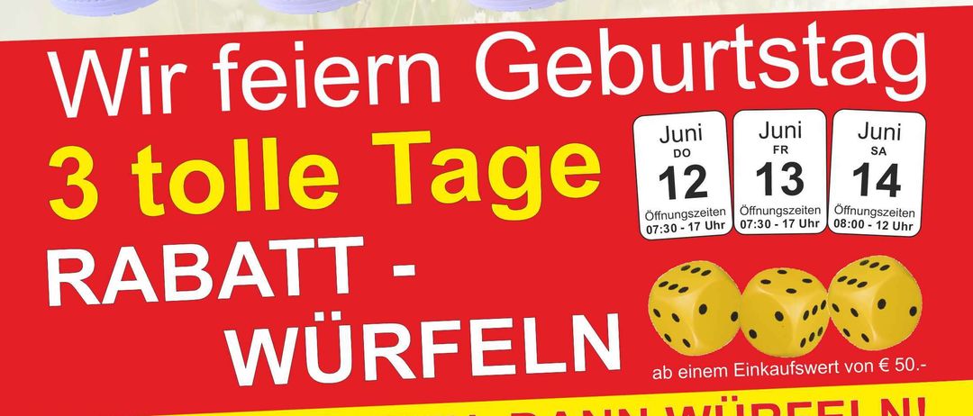 Werbung für einen Verkauf mit drei Tagen Rabatt. Kunden würfeln für einen Rabatt von bis zu 18% nach einem Einkauf von über 50 Euro. Daten und Zeiten sind angegeben. Schuhe sind auf dem Poster abgebildet.