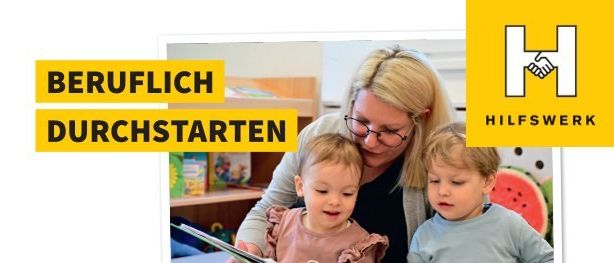 Eine Anzeige für professionelle Kinderbetreuungskurse. Es zeigt eine Frau mit zwei Kindern und hebt bevorstehende Kurse im Herbst 2025 hervor. Kurse umfassen Tagesbetreuung, Kinderbetreuung und neue Rollen wie Legasthenie- und Dyskalkulietrainer.